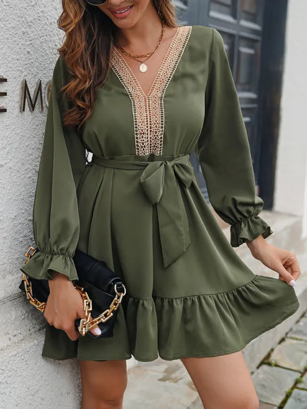 Women’s Bohemian Style Lace V Neck Sundress With Waist Bow And Ruffled Hems