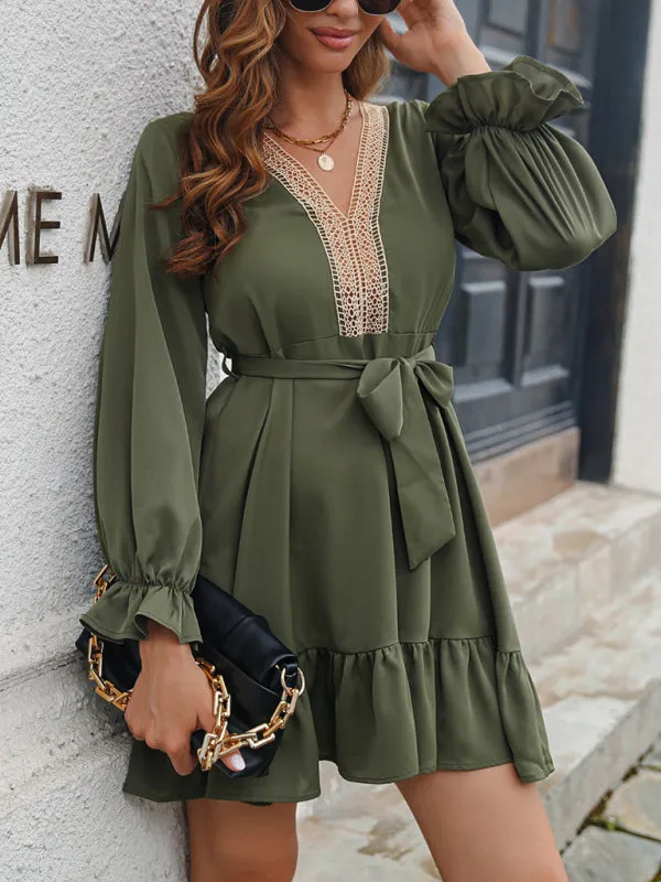 Women’s Bohemian Style Lace V Neck Sundress With Waist Bow And Ruffled Hems