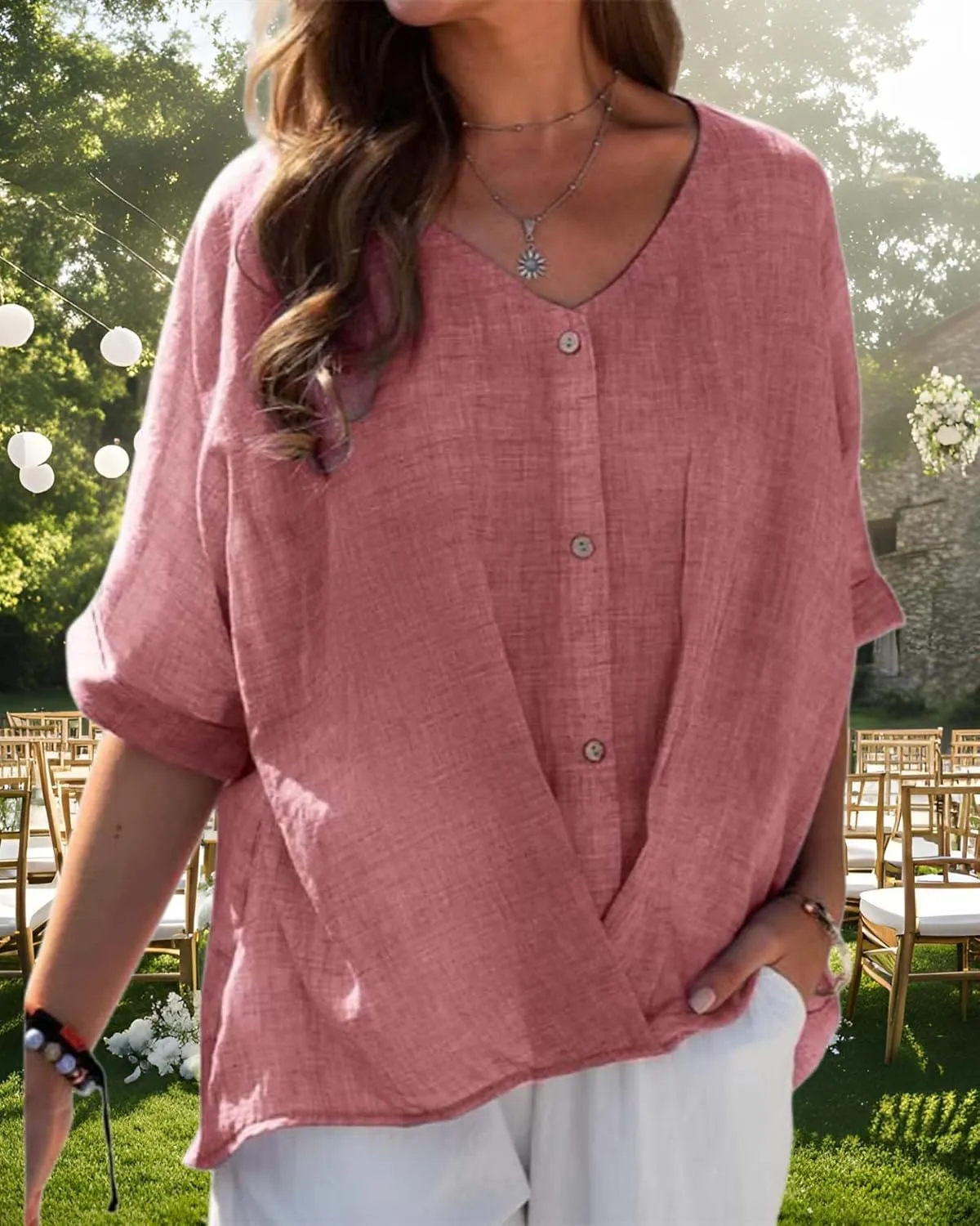 Womens Button Down Cotton Linen Shirts Summer Casual V Neck Short Sleeve Loose Tee Shirt Vintage Solid Blouse Work Tops