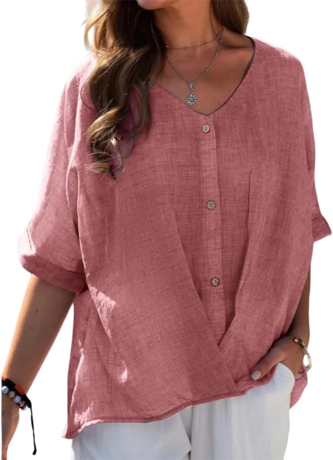 Womens Button Down Cotton Linen Shirts Summer Casual V Neck Short Sleeve Loose Tee Shirt Vintage Solid Blouse Work Tops