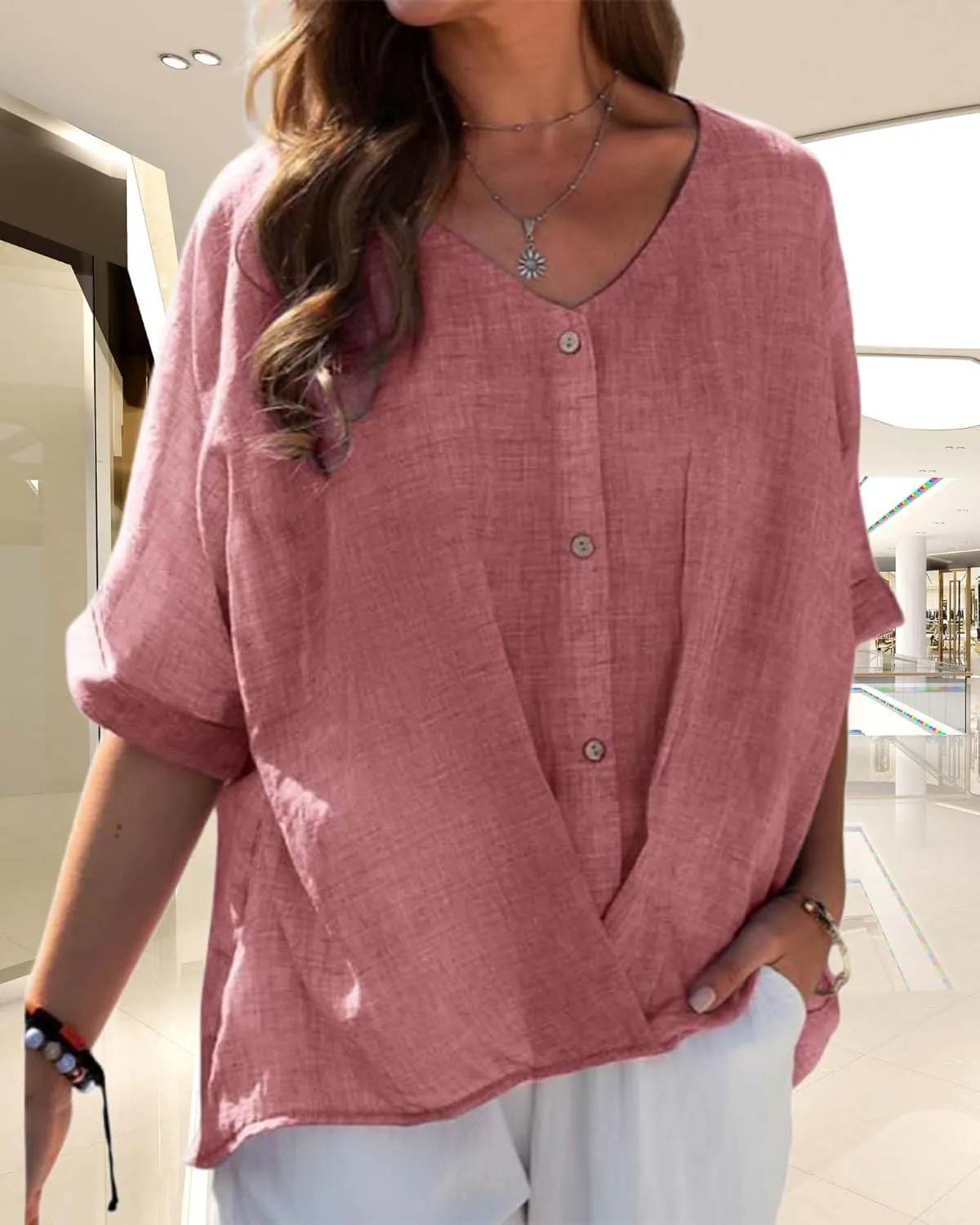 Womens Button Down Cotton Linen Shirts Summer Casual V Neck Short Sleeve Loose Tee Shirt Vintage Solid Blouse Work Tops