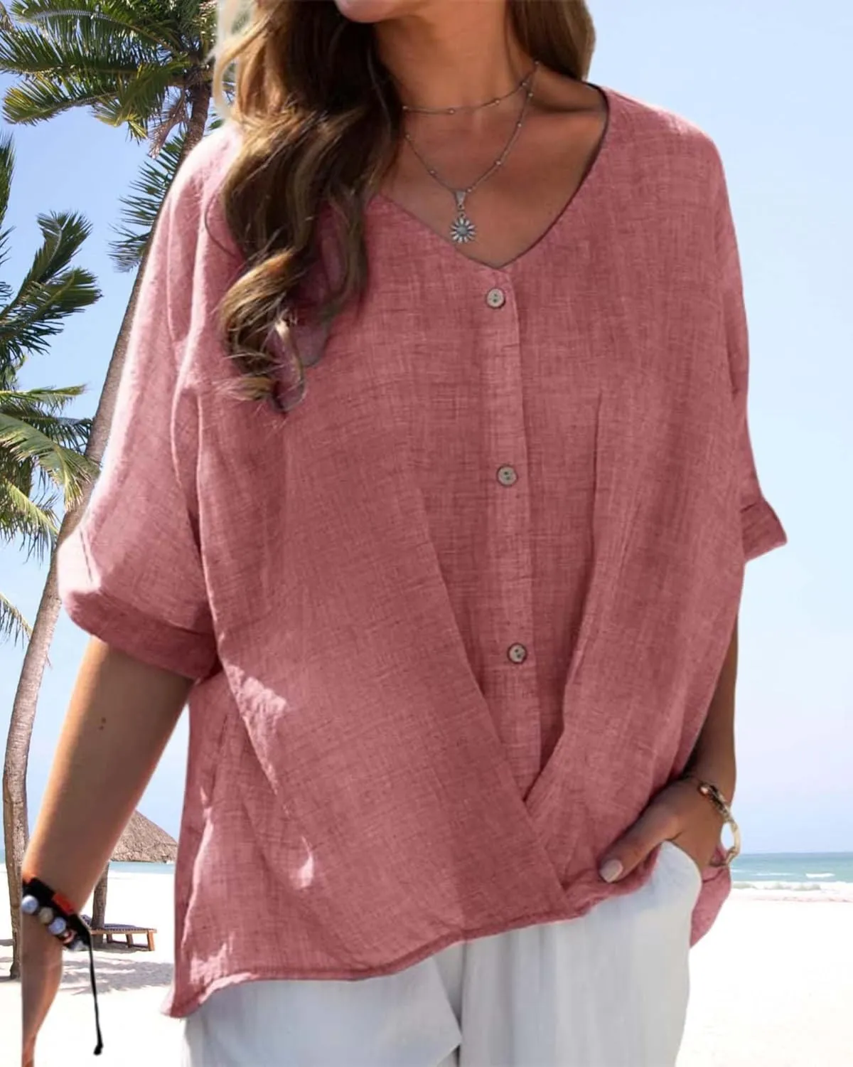 Womens Button Down Cotton Linen Shirts Summer Casual V Neck Short Sleeve Loose Tee Shirt Vintage Solid Blouse Work Tops