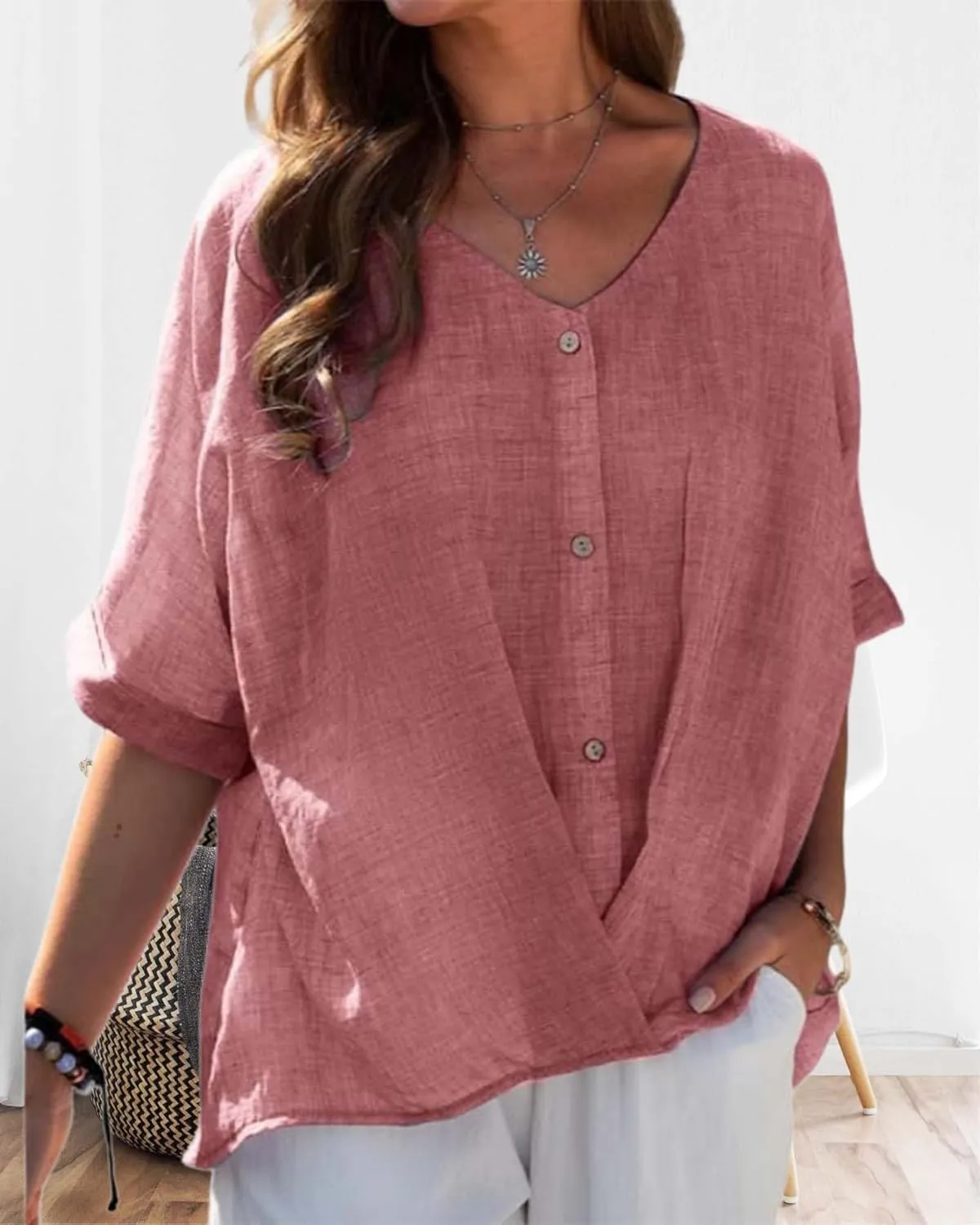 Womens Button Down Cotton Linen Shirts Summer Casual V Neck Short Sleeve Loose Tee Shirt Vintage Solid Blouse Work Tops