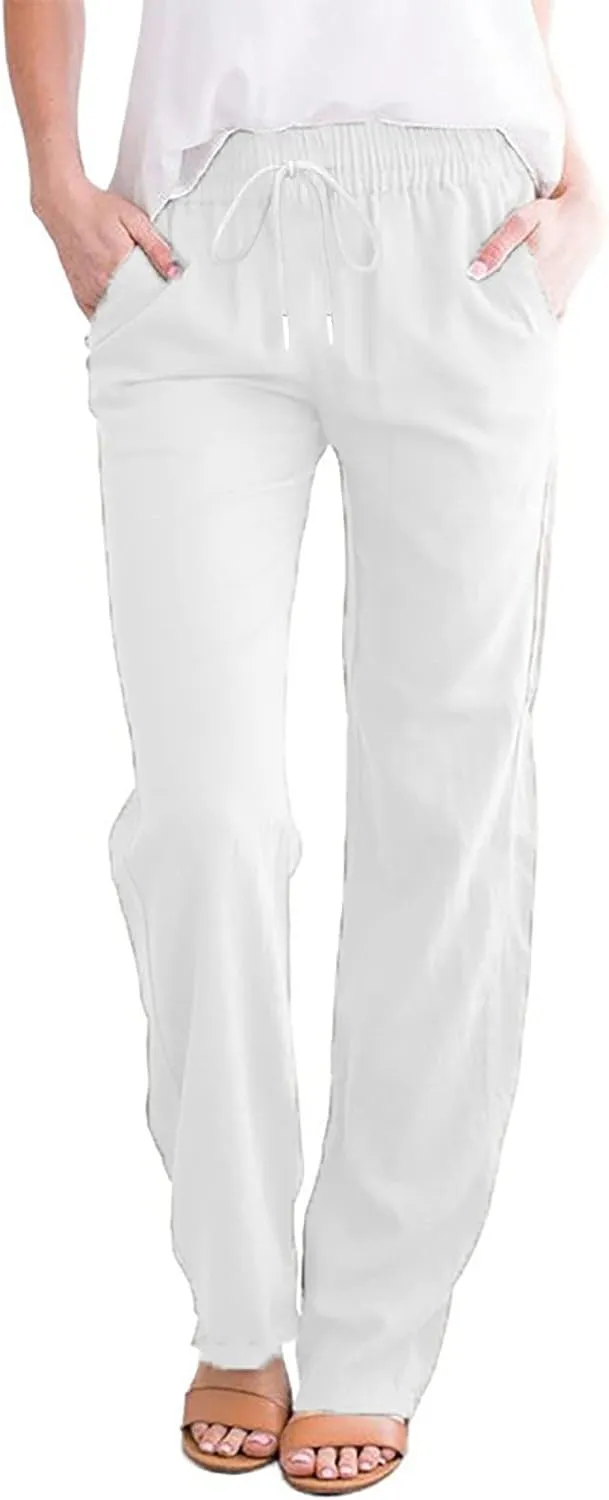 Women's Casual Cotton Linen Pants Relaxed Fit Elastic Waist Straight Leg Comfy Solid Color Pockets Lounge Long Trouser