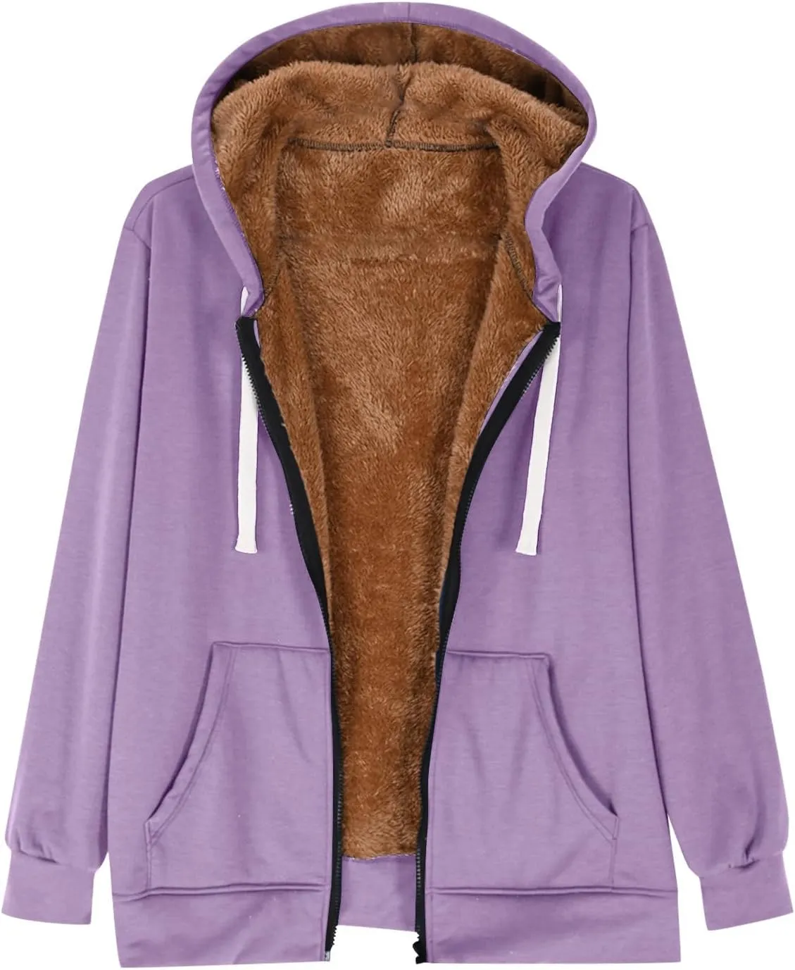 Women's Casual Full Zip Up Sherpa Lined Hoodie Drawstring Hooded Sweatshirts Soft Fleece Winter Warm Plain Jacket Coats