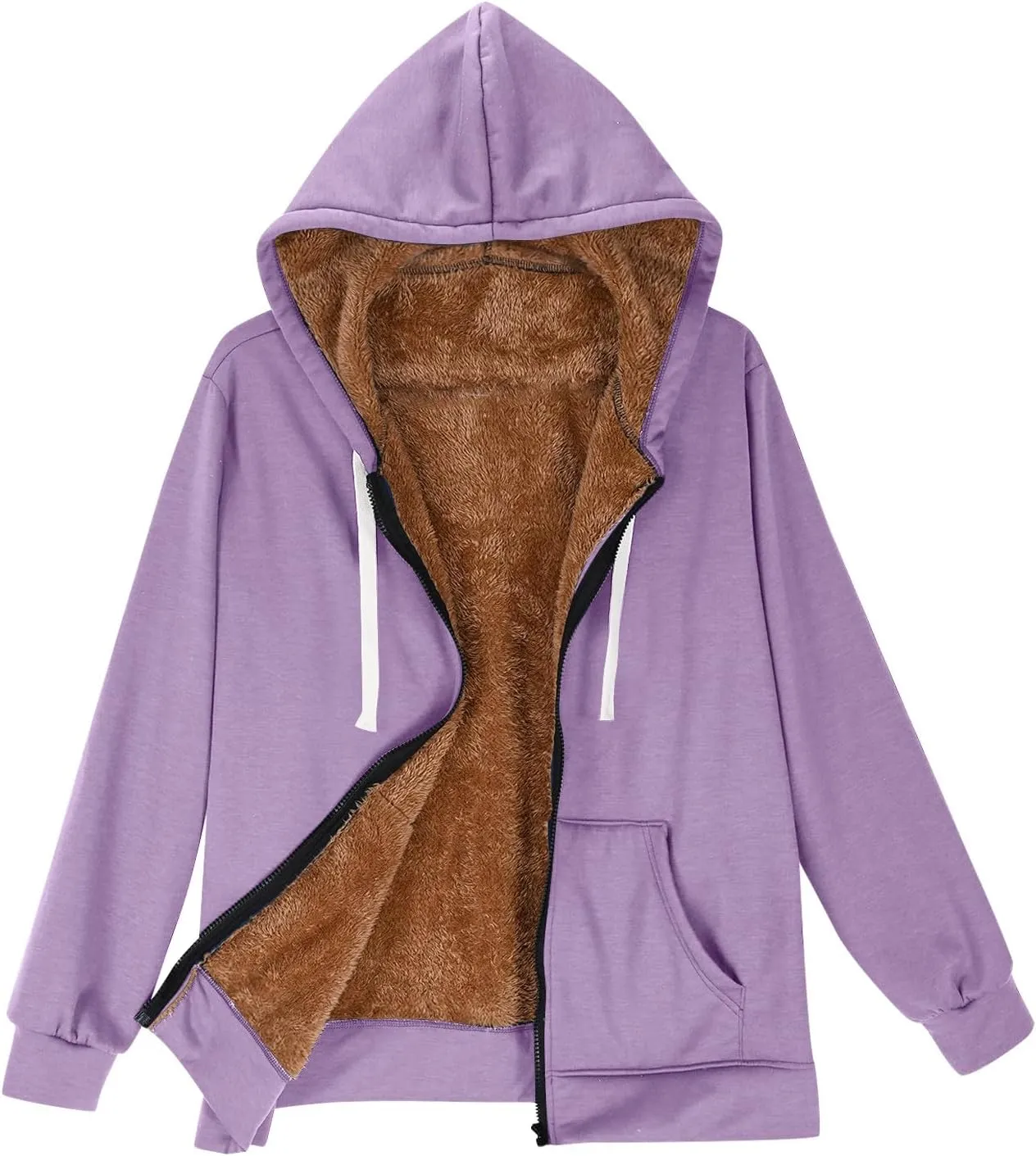 Women's Casual Full Zip Up Sherpa Lined Hoodie Drawstring Hooded Sweatshirts Soft Fleece Winter Warm Plain Jacket Coats