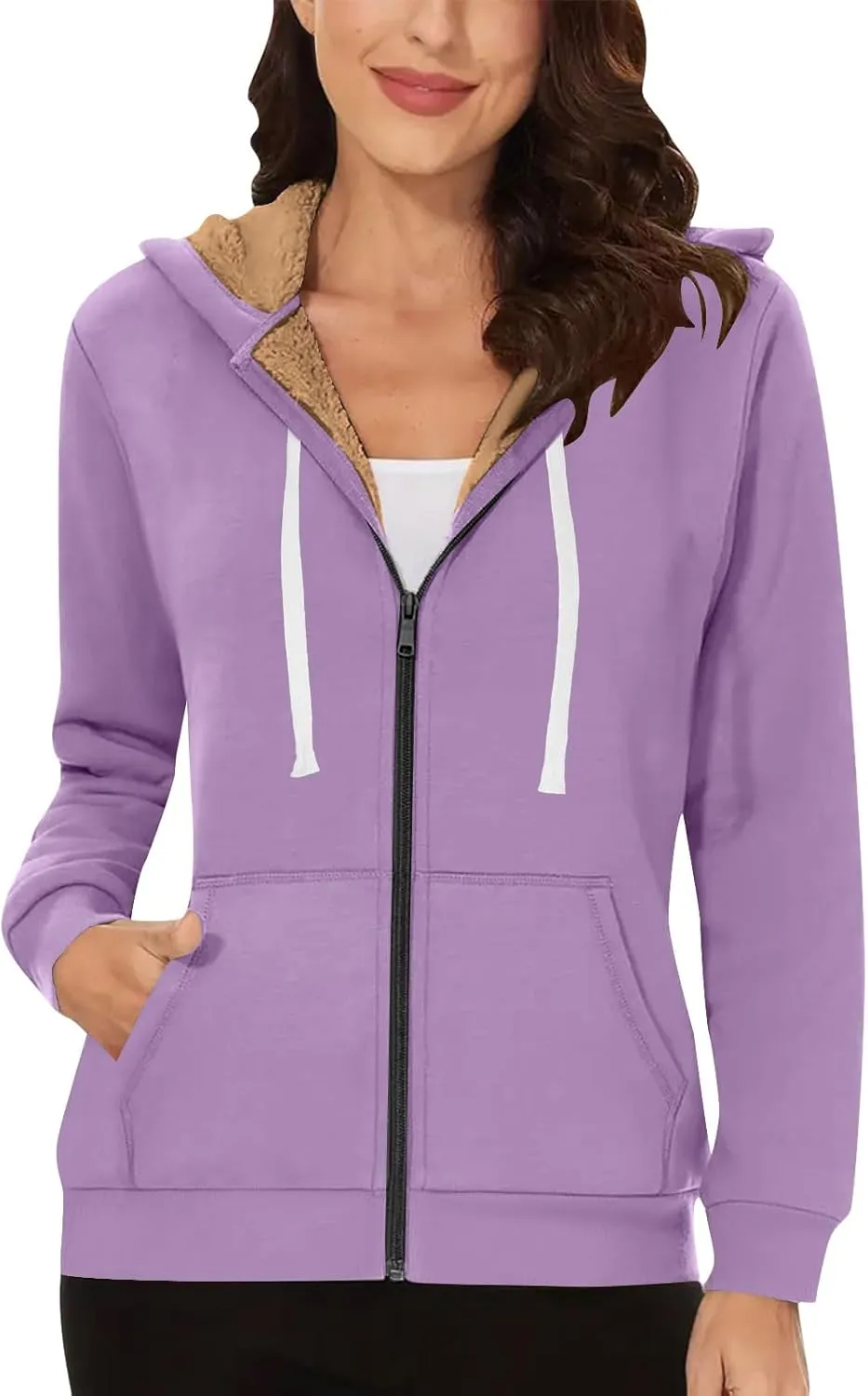 Women's Casual Full Zip Up Sherpa Lined Hoodie Drawstring Hooded Sweatshirts Soft Fleece Winter Warm Plain Jacket Coats
