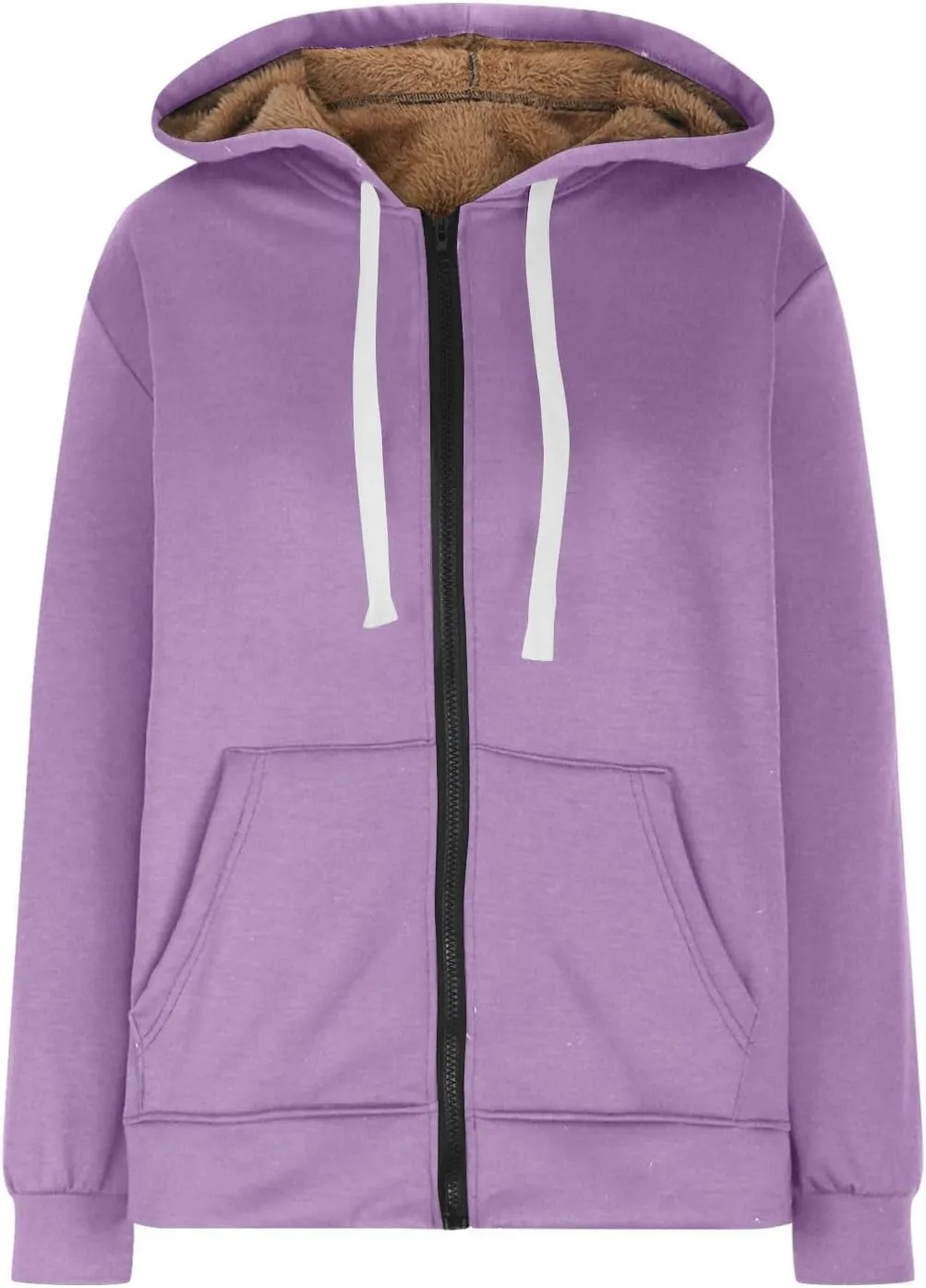 Women's Casual Full Zip Up Sherpa Lined Hoodie Drawstring Hooded Sweatshirts Soft Fleece Winter Warm Plain Jacket Coats