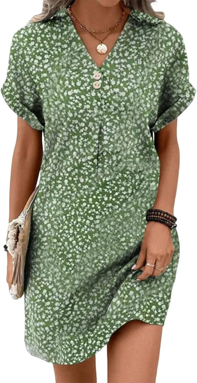 Women's Casual Short Sleeve V-Neck Boho Floral Print Shift Dress Summer Vacation 2025 Daily Button-Down Mini Dresses