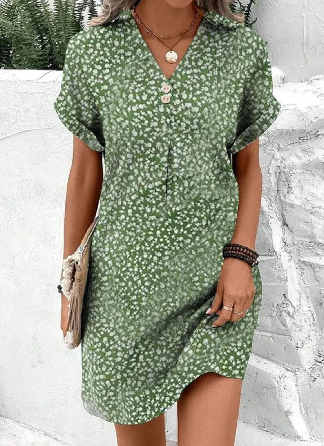 Women's Casual Short Sleeve V-Neck Boho Floral Print Shift Dress Summer Vacation 2025 Daily Button-Down Mini Dresses