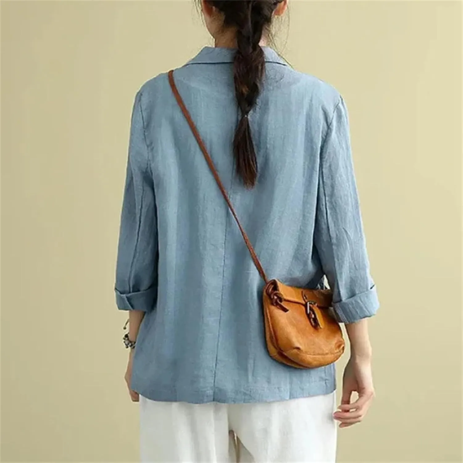 Women's Cotton Linen Blazer – Solid Color Lightweight Three-Quarter Sleeve Spring Summer Jacket Casual Outerwear