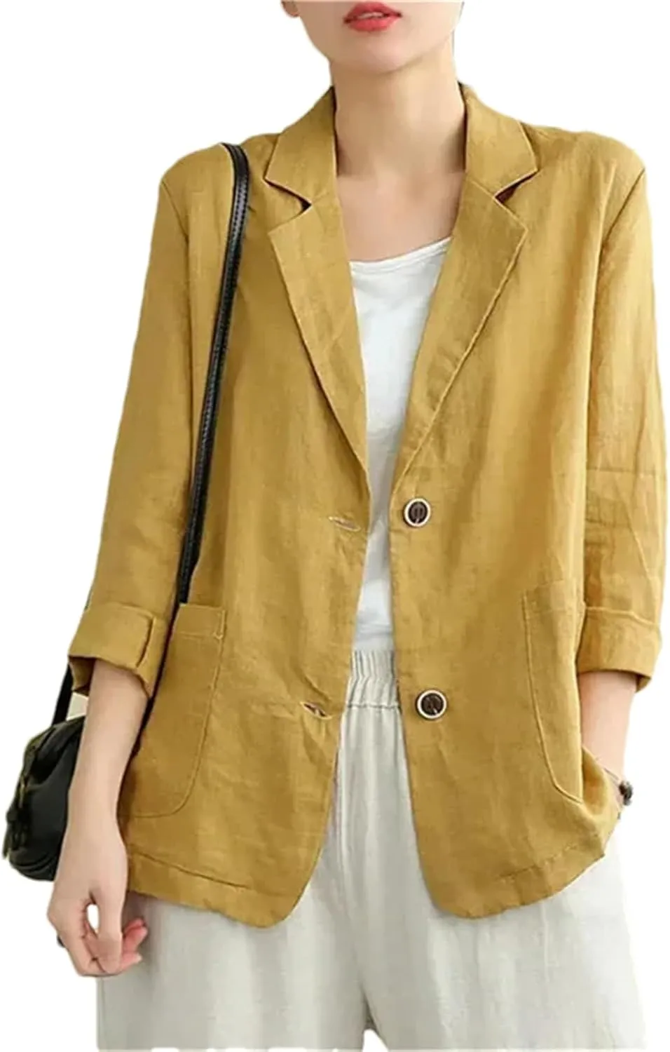 Women's Cotton Linen Blazer – Solid Color Lightweight Three-Quarter Sleeve Spring Summer Jacket Casual Outerwear