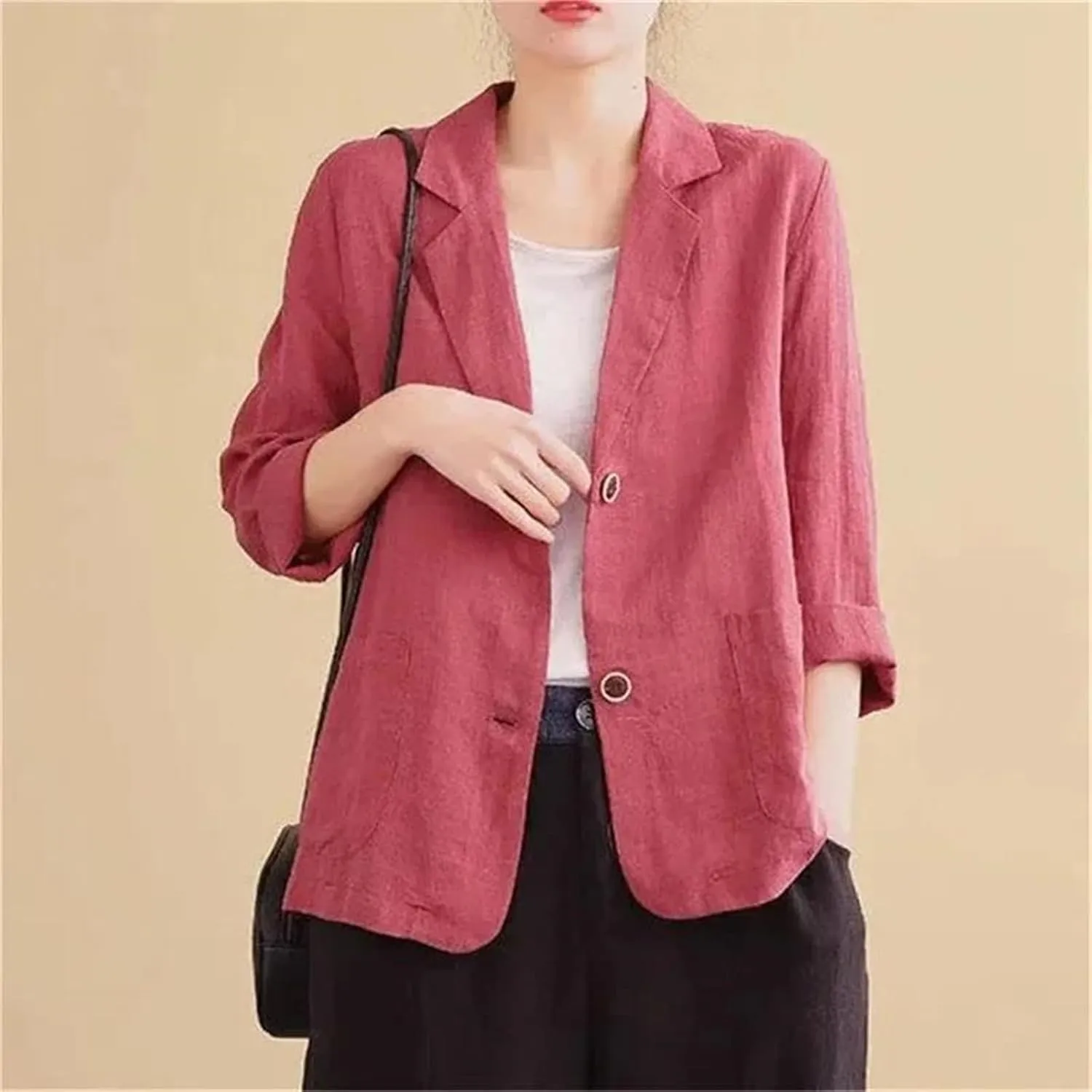Women's Cotton Linen Blazer – Solid Color Lightweight Three-Quarter Sleeve Spring Summer Jacket Casual Outerwear