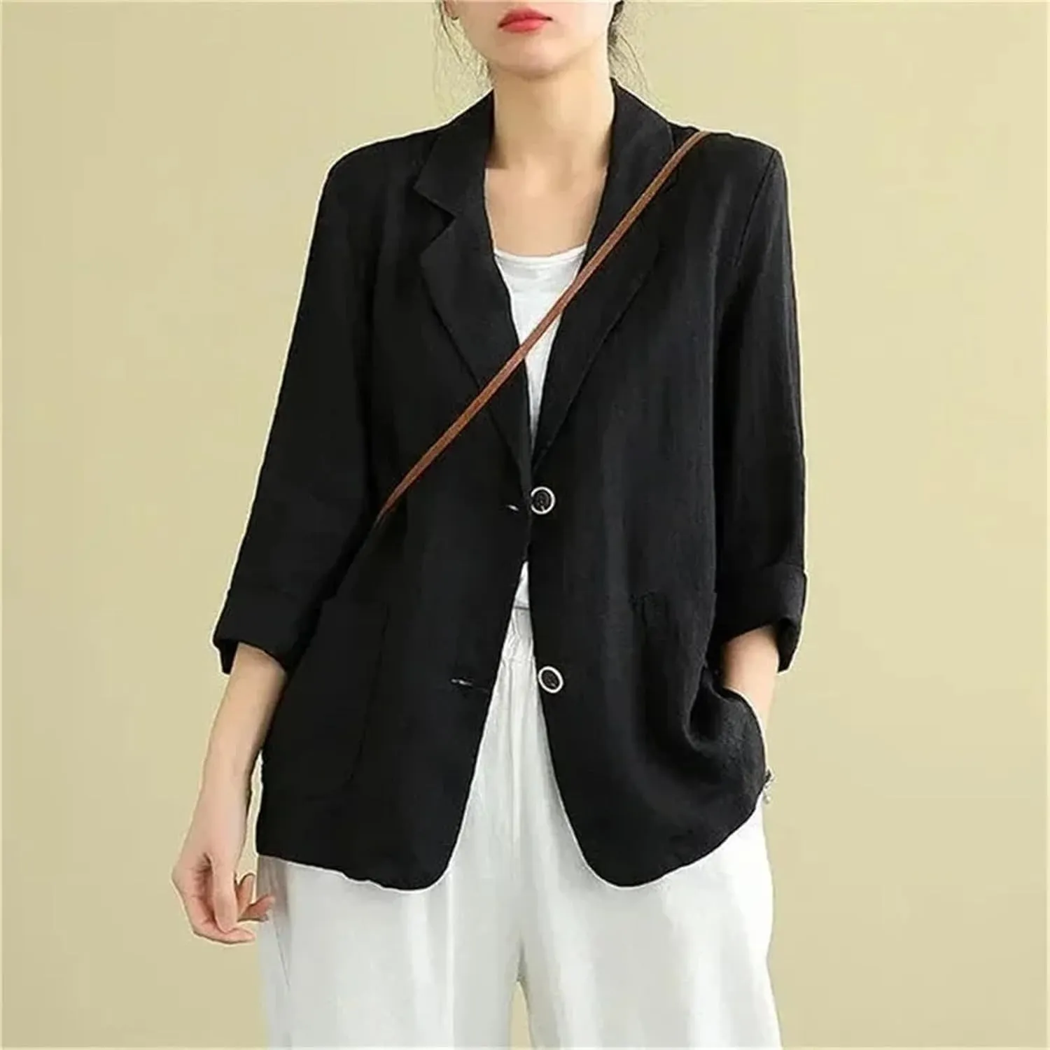Women's Cotton Linen Blazer – Solid Color Lightweight Three-Quarter Sleeve Spring Summer Jacket Casual Outerwear