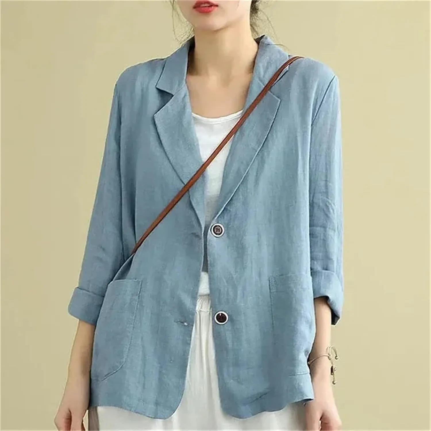 Women's Cotton Linen Blazer – Solid Color Lightweight Three-Quarter Sleeve Spring Summer Jacket Casual Outerwear