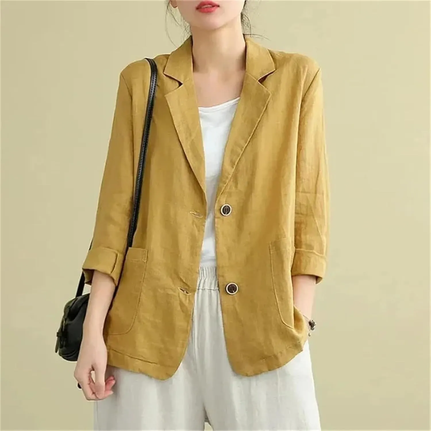 Women's Cotton Linen Blazer – Solid Color Lightweight Three-Quarter Sleeve Spring Summer Jacket Casual Outerwear