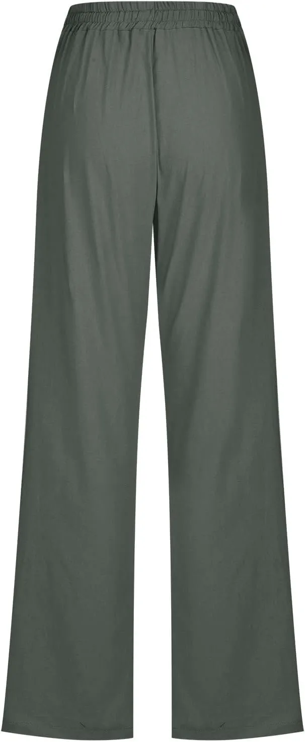 Womens Cotton Linen Pants Straight Leg Lounge Trousers High Waisted Casual Relaxed Fit Long Pant with Pocket