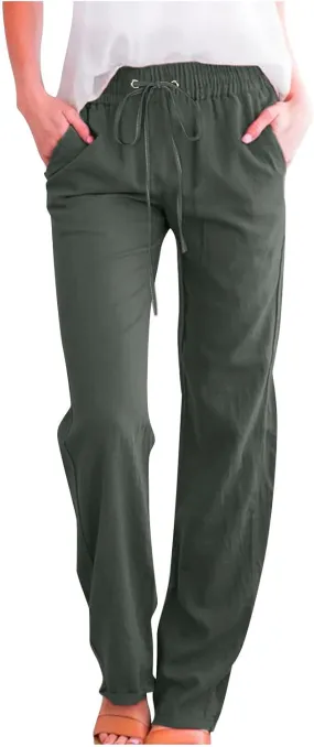 Womens Cotton Linen Pants Straight Leg Lounge Trousers High Waisted Casual Relaxed Fit Long Pant with Pocket