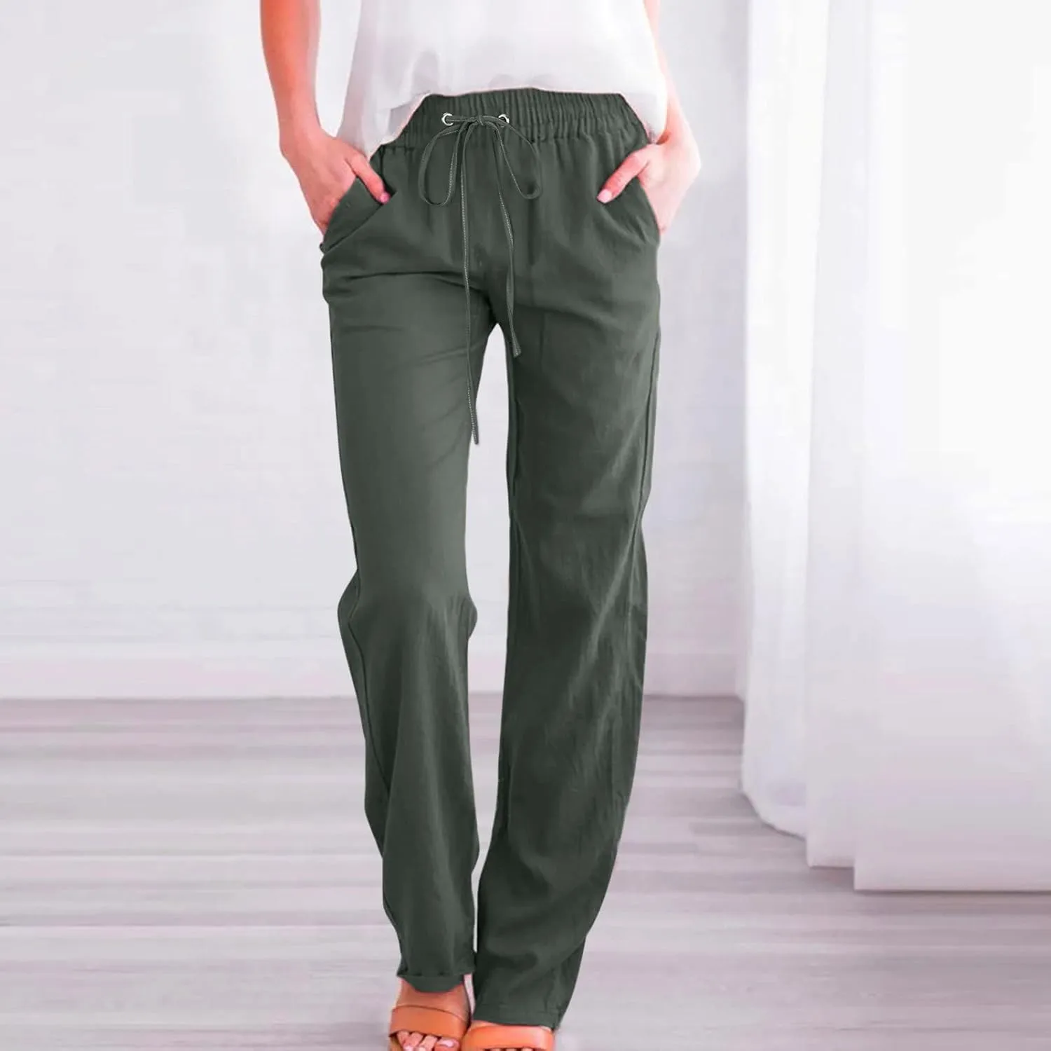 Womens Cotton Linen Pants Straight Leg Lounge Trousers High Waisted Casual Relaxed Fit Long Pant with Pocket