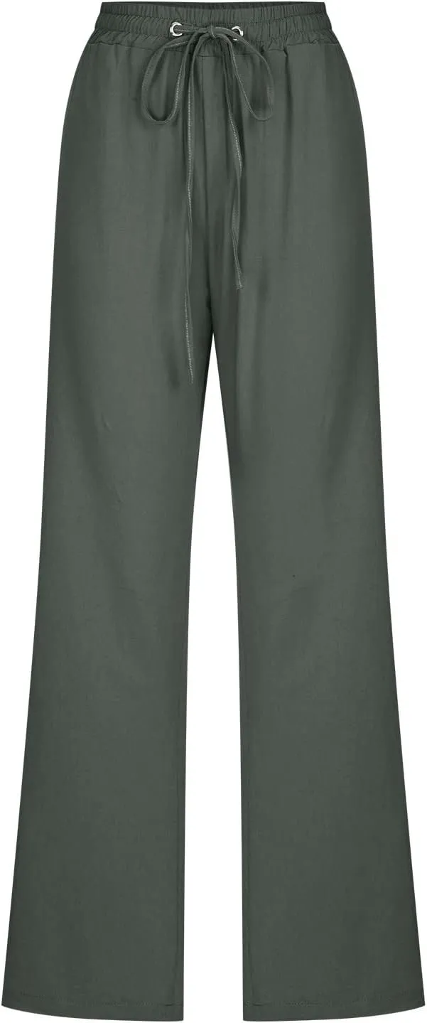 Womens Cotton Linen Pants Straight Leg Lounge Trousers High Waisted Casual Relaxed Fit Long Pant with Pocket