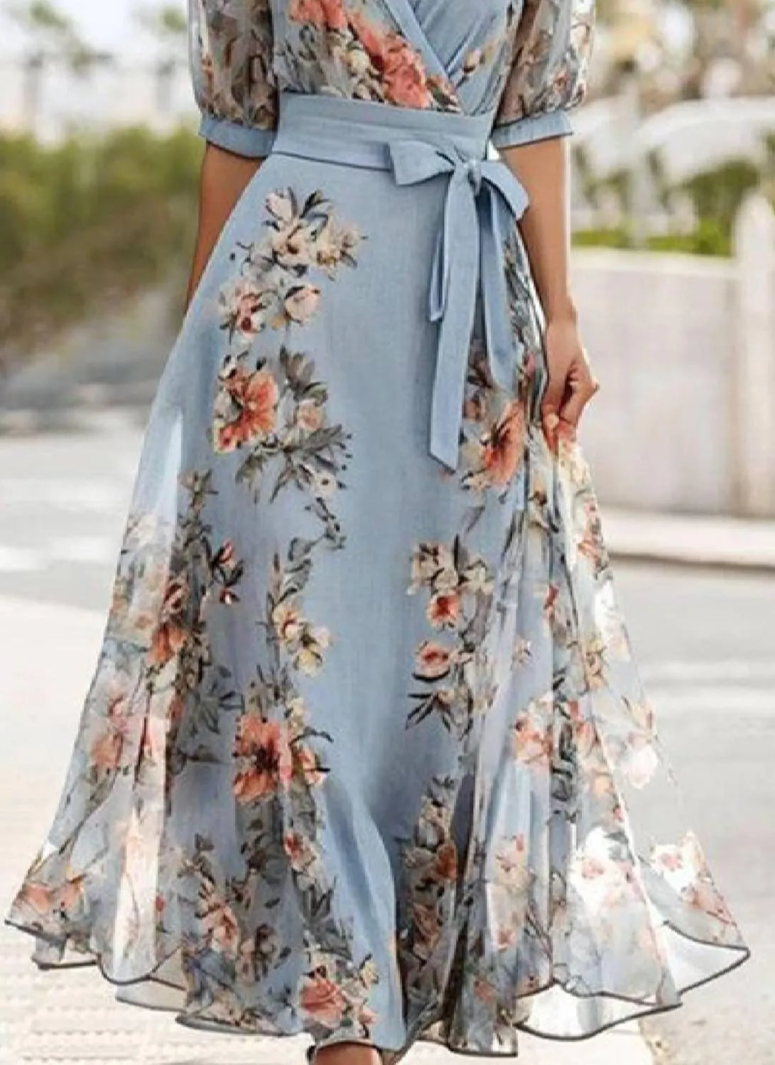 Women's Floral V Neck Short Sleeve Midi Dress 2025 Summer Elegant Blue Boho Flowy Shift Side Pockets Dresses with Belt