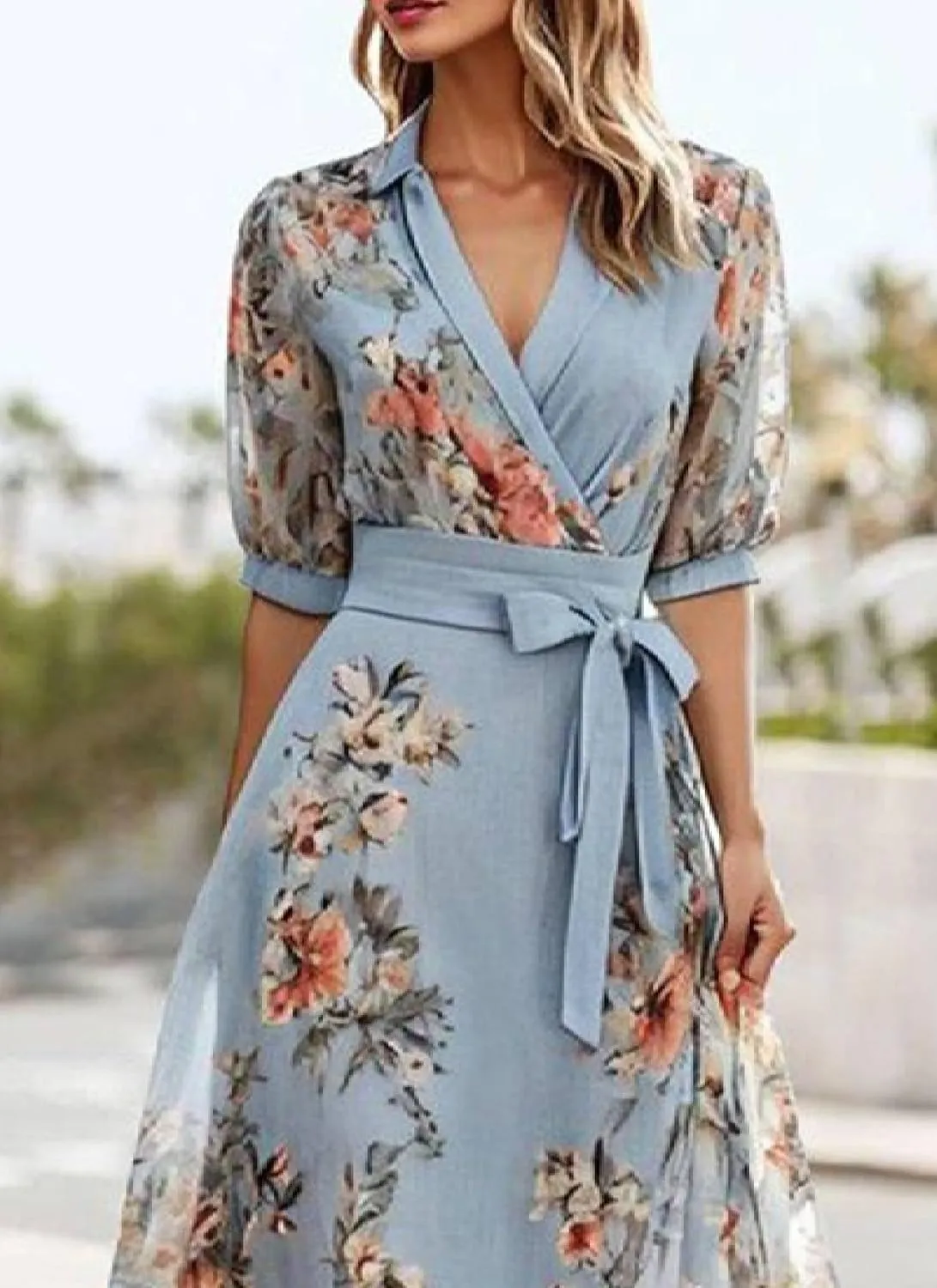 Women's Floral V Neck Short Sleeve Midi Dress 2025 Summer Elegant Blue Boho Flowy Shift Side Pockets Dresses with Belt