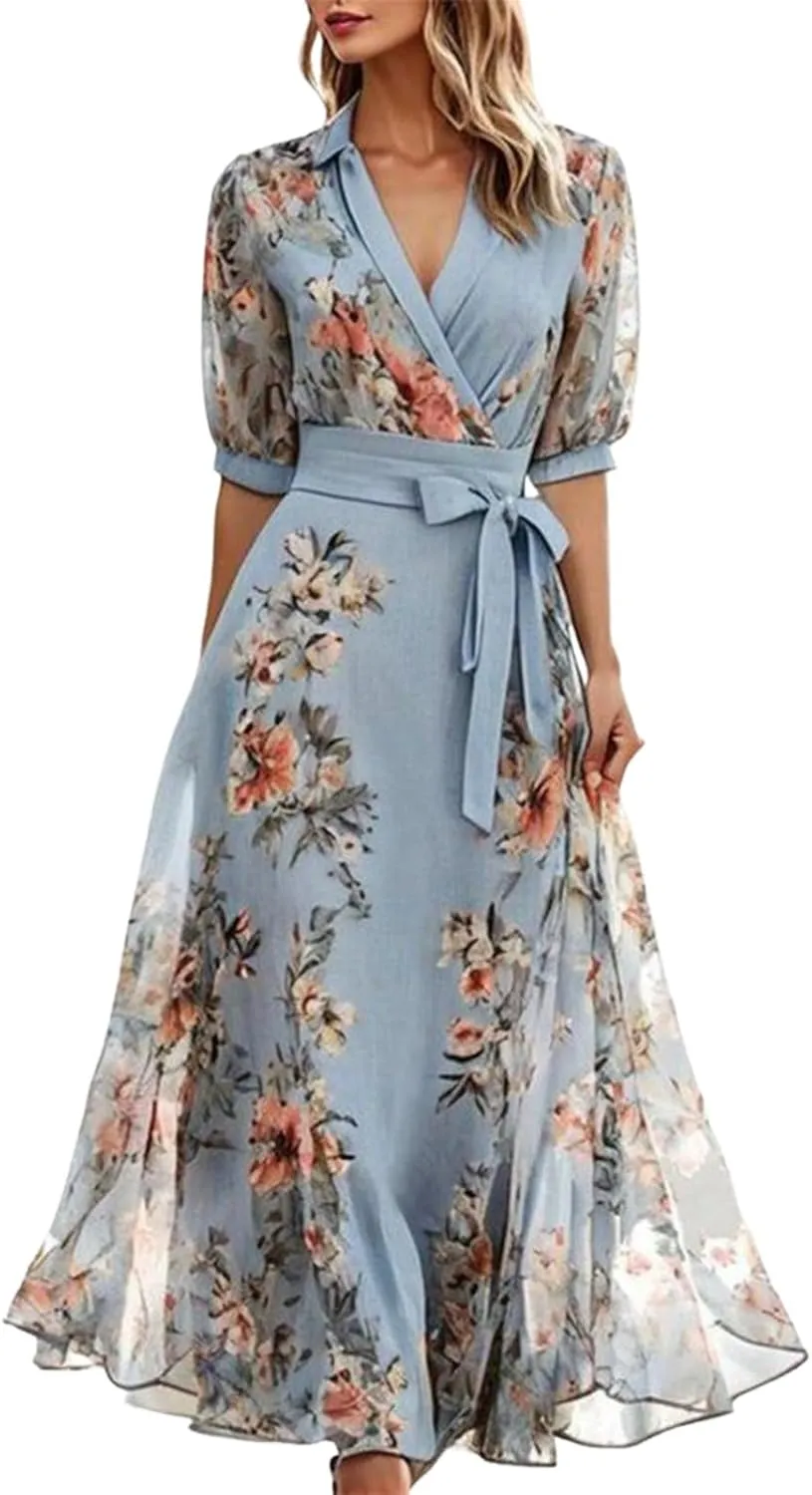 Women's Floral V Neck Short Sleeve Midi Dress 2025 Summer Elegant Blue Boho Flowy Shift Side Pockets Dresses with Belt