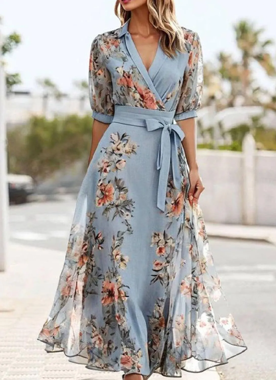 Women's Floral V Neck Short Sleeve Midi Dress 2025 Summer Elegant Blue Boho Flowy Shift Side Pockets Dresses with Belt