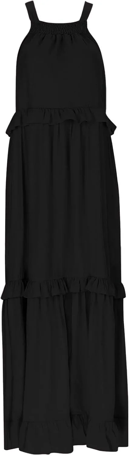 Women's Flowy Halter Neck Sleeveless Asymmetrical Hem Maxi Long Dress Boho Print Tiered Casual Flowy Long Maxi Dress