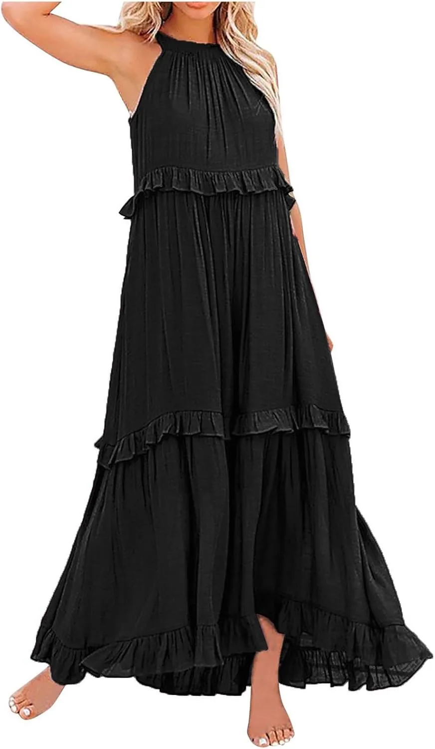 Women's Flowy Halter Neck Sleeveless Asymmetrical Hem Maxi Long Dress Boho Print Tiered Casual Flowy Long Maxi Dress