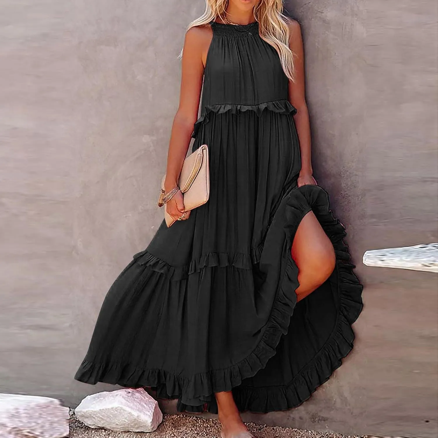 Women's Flowy Halter Neck Sleeveless Asymmetrical Hem Maxi Long Dress Boho Print Tiered Casual Flowy Long Maxi Dress