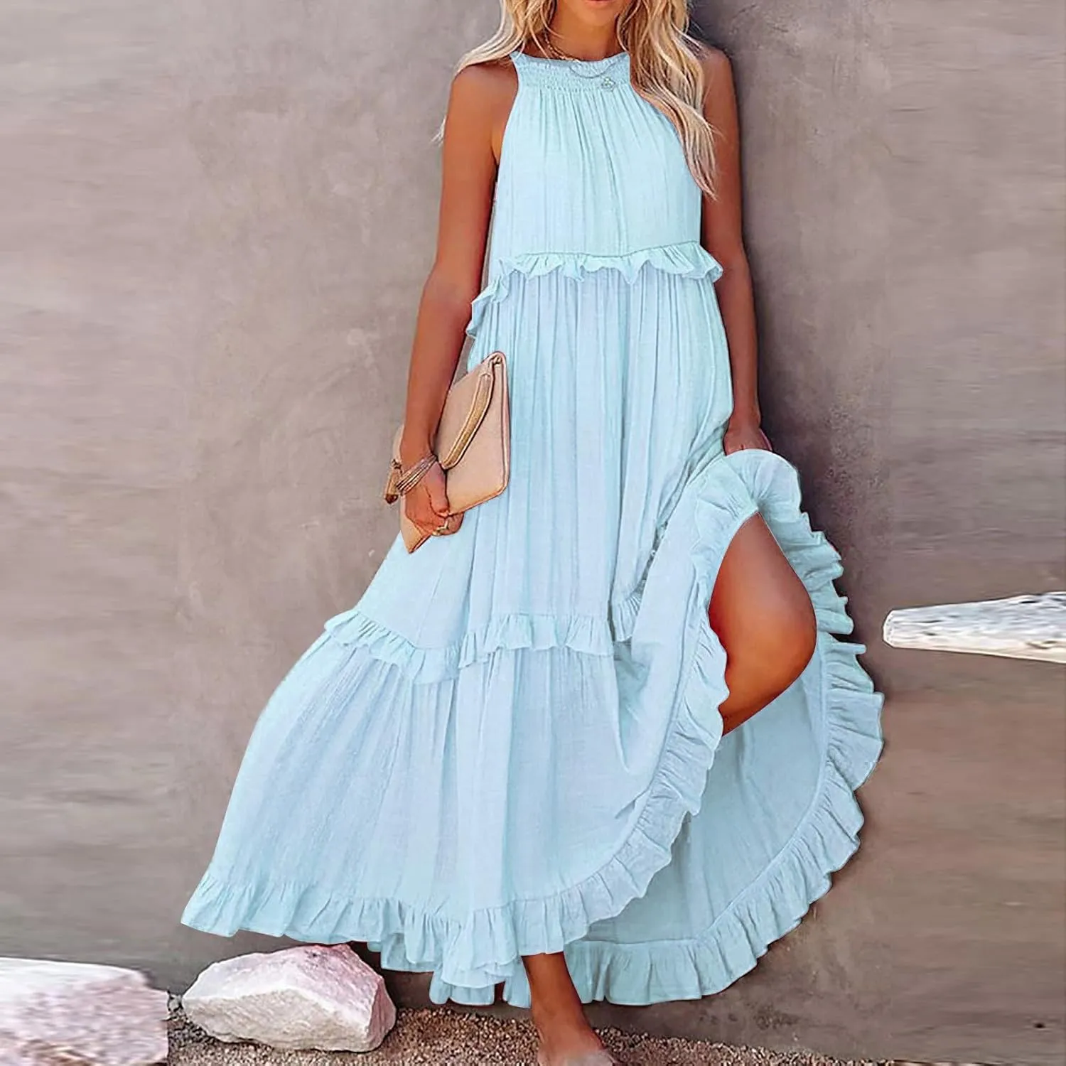 Women's Flowy Halter Neck Sleeveless Asymmetrical Hem Maxi Long Dress Boho Print Tiered Casual Flowy Long Maxi Dress