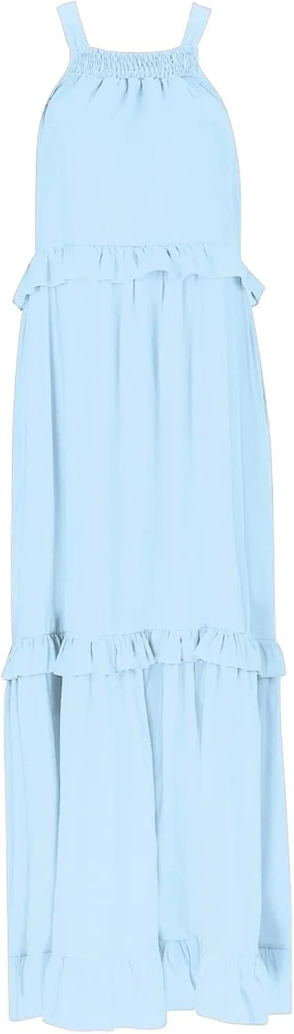 Women's Flowy Halter Neck Sleeveless Asymmetrical Hem Maxi Long Dress Boho Print Tiered Casual Flowy Long Maxi Dress