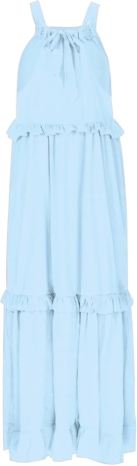 Women's Flowy Halter Neck Sleeveless Asymmetrical Hem Maxi Long Dress Boho Print Tiered Casual Flowy Long Maxi Dress