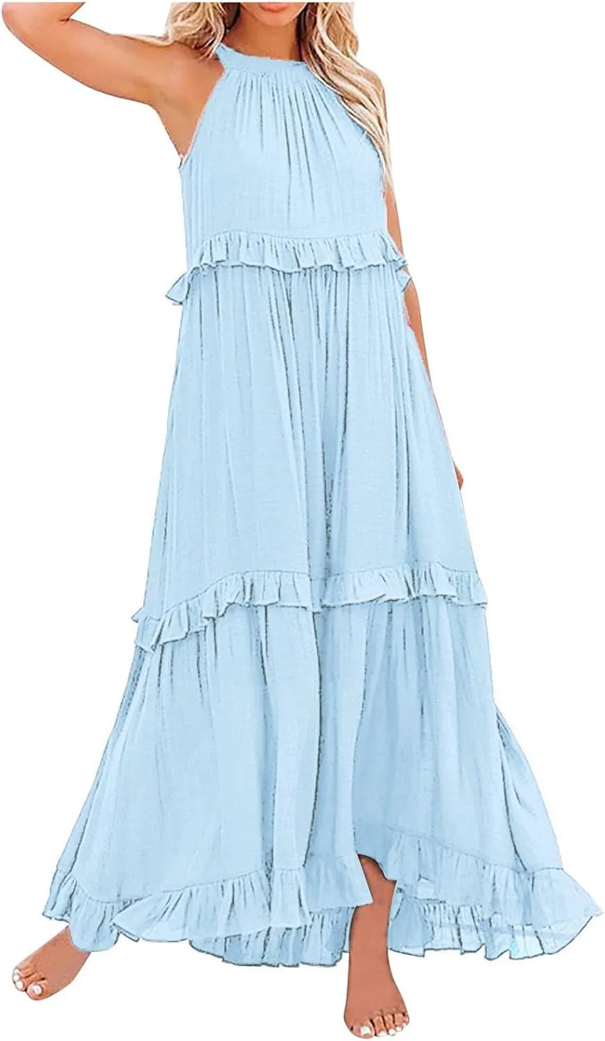 Women's Flowy Halter Neck Sleeveless Asymmetrical Hem Maxi Long Dress Boho Print Tiered Casual Flowy Long Maxi Dress