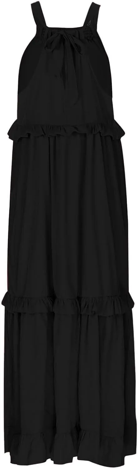 Women's Flowy Halter Neck Sleeveless Asymmetrical Hem Maxi Long Dress Boho Print Tiered Casual Flowy Long Maxi Dress