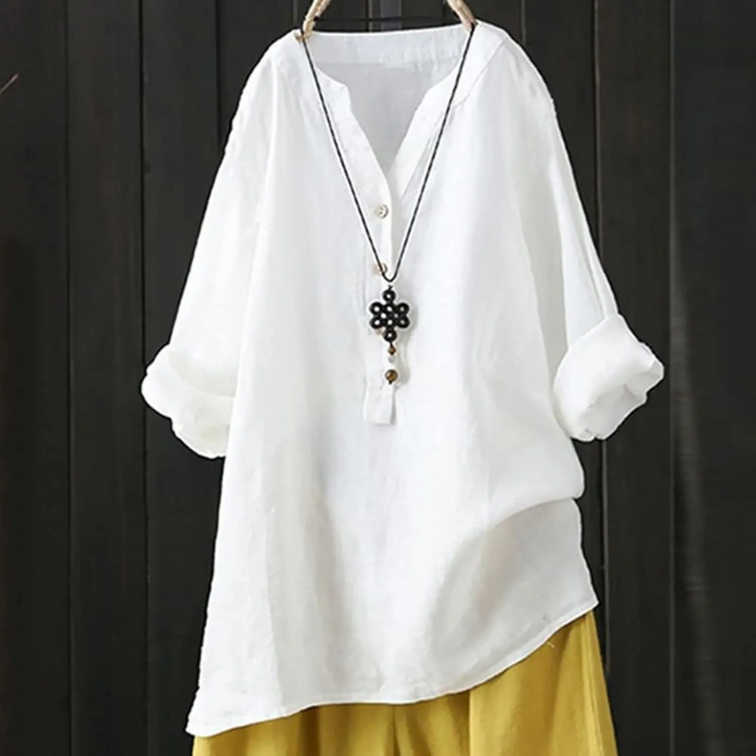 Womens Linen Tshirts Plus Size Loose Long Sleeve V Neck Button Down Tops Classic Flowy Solid Color Summer T-Shirts