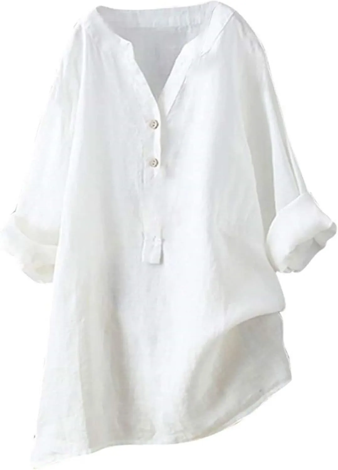 Womens Linen Tshirts Plus Size Loose Long Sleeve V Neck Button Down Tops Classic Flowy Solid Color Summer T-Shirts