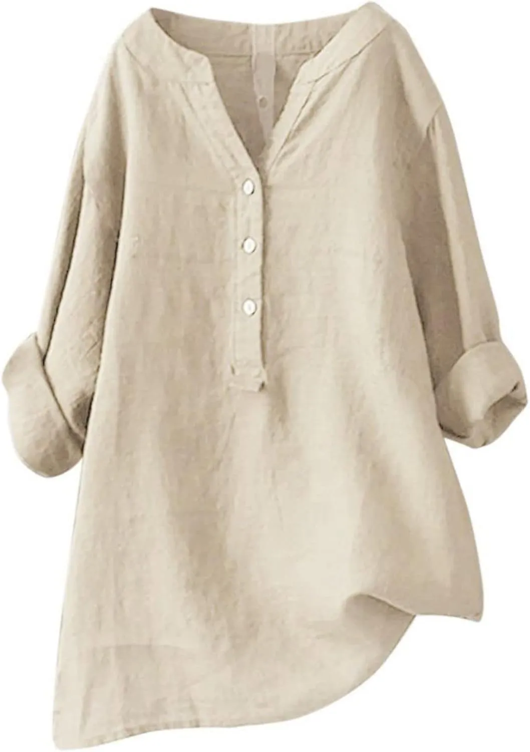 Womens Linen Tshirts Plus Size Loose Long Sleeve V Neck Button Down Tops Classic Flowy Solid Color Summer T-Shirts