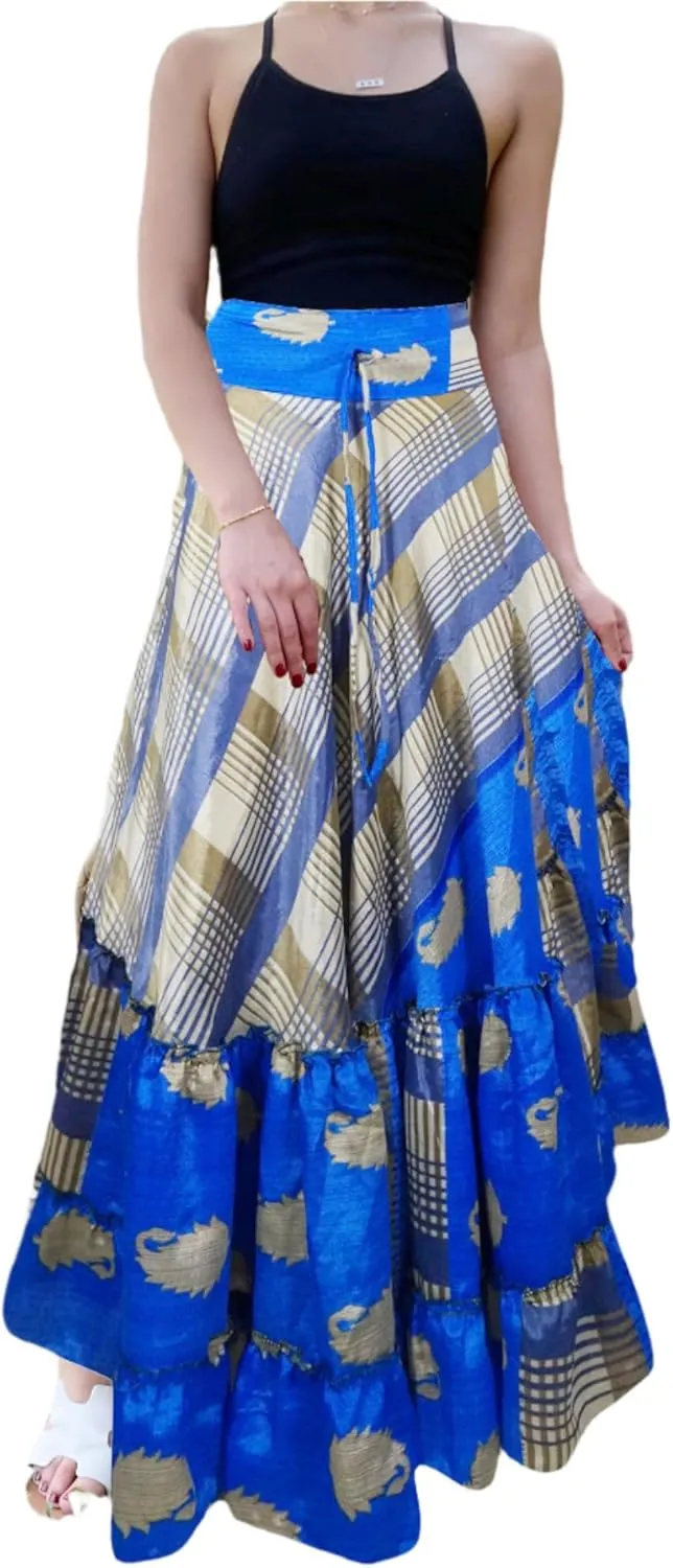 Womens Neon Blue Stylish Beach Maxi Skirt Tiered Ruffle Boho Skirt ML