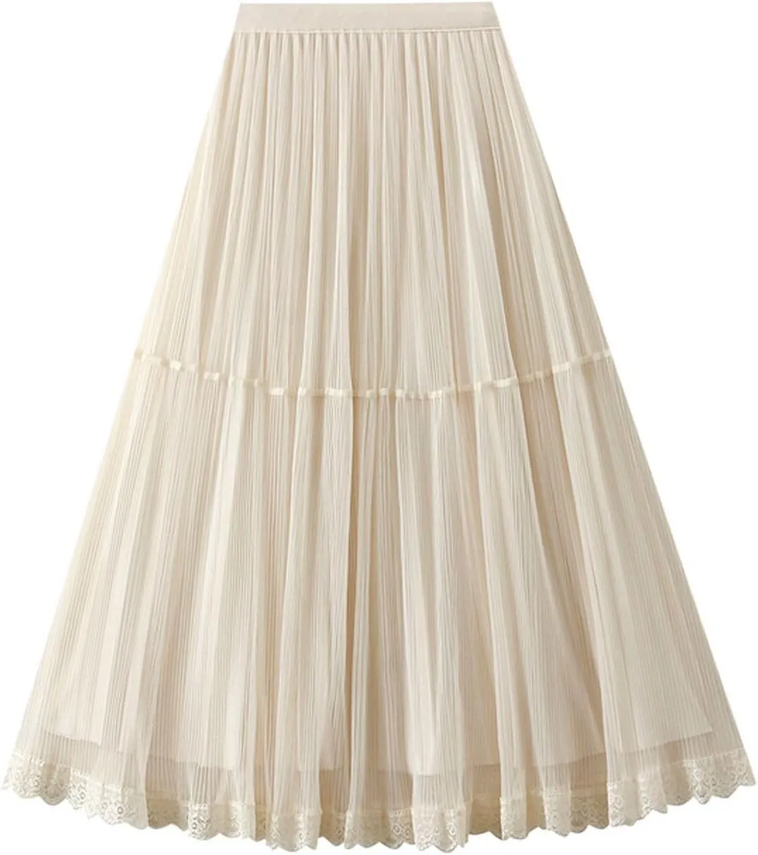 Womens Pleated Tulle Skirts Lace Trim Flowy A-line Skirt High Waisted Boho Mesh Tulle Skirts 2025 Summer Midi Skirt