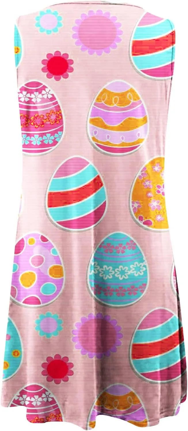 Womens Print Dresses Summer Casual Sundress Easter Theme Graphic Sleeveless Hollow Out Dress Holiday Beach Clothes
