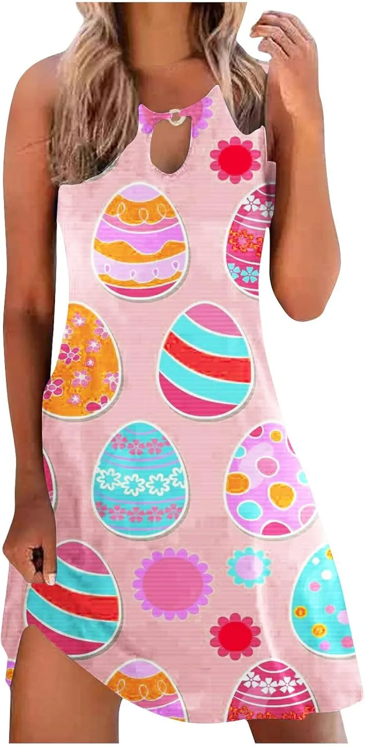 Womens Print Dresses Summer Casual Sundress Easter Theme Graphic Sleeveless Hollow Out Dress Holiday Beach Clothes
