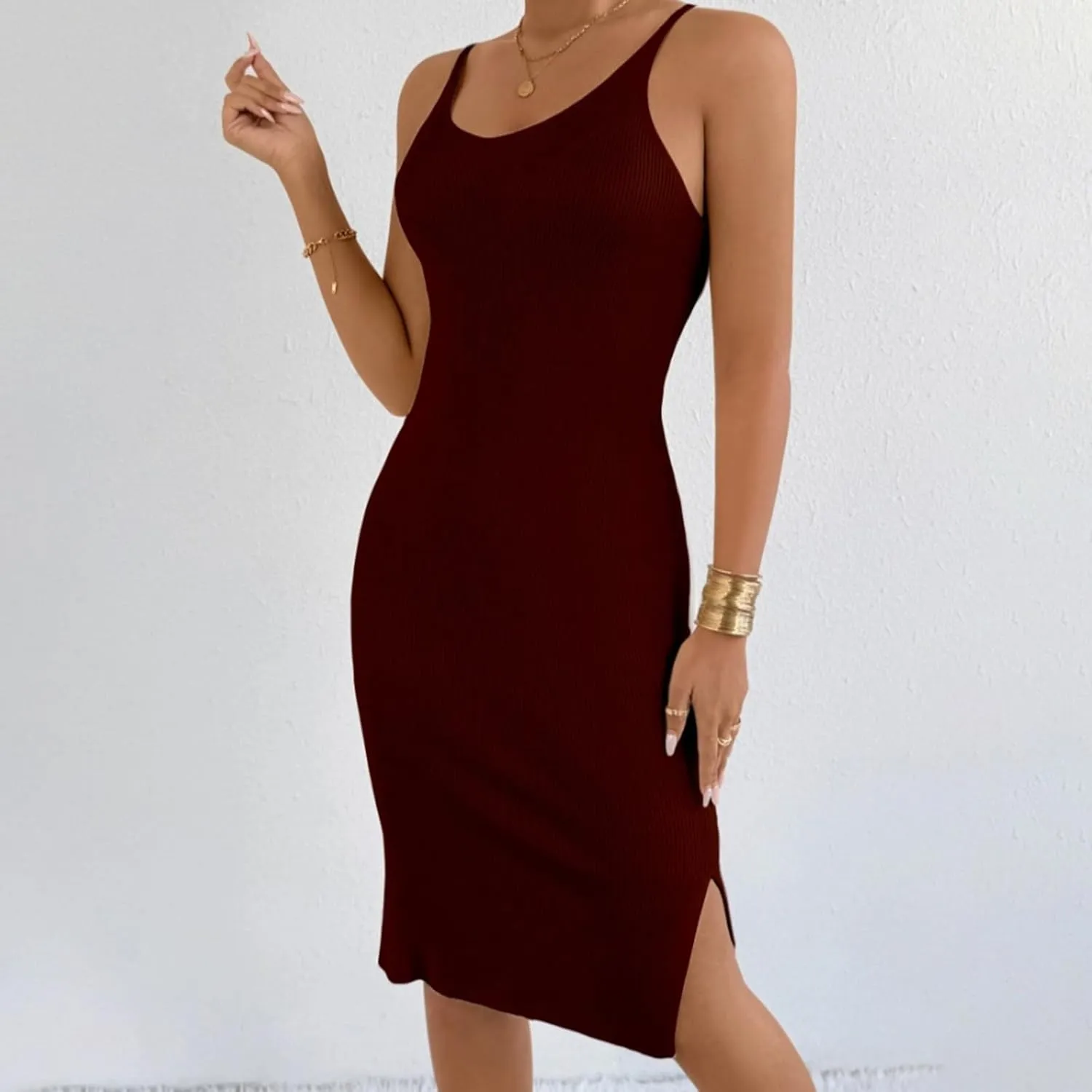 Women's Sleeveless Bodycon Dress Ribbed Knit Summer Midi Dress Casual Slim Fit Spaghetti Strap Dress