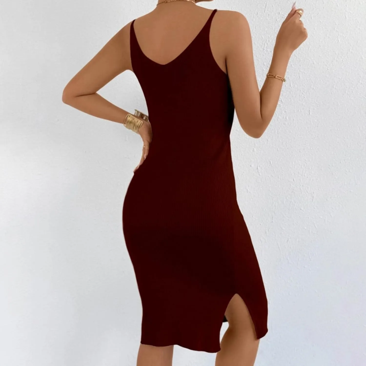 Women's Sleeveless Bodycon Dress Ribbed Knit Summer Midi Dress Casual Slim Fit Spaghetti Strap Dress