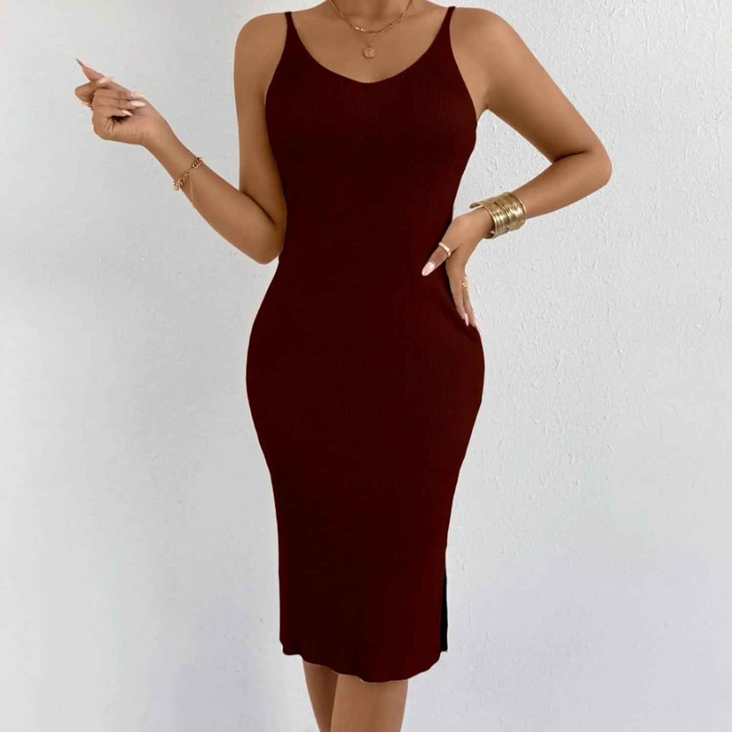 Women's Sleeveless Bodycon Dress Ribbed Knit Summer Midi Dress Casual Slim Fit Spaghetti Strap Dress