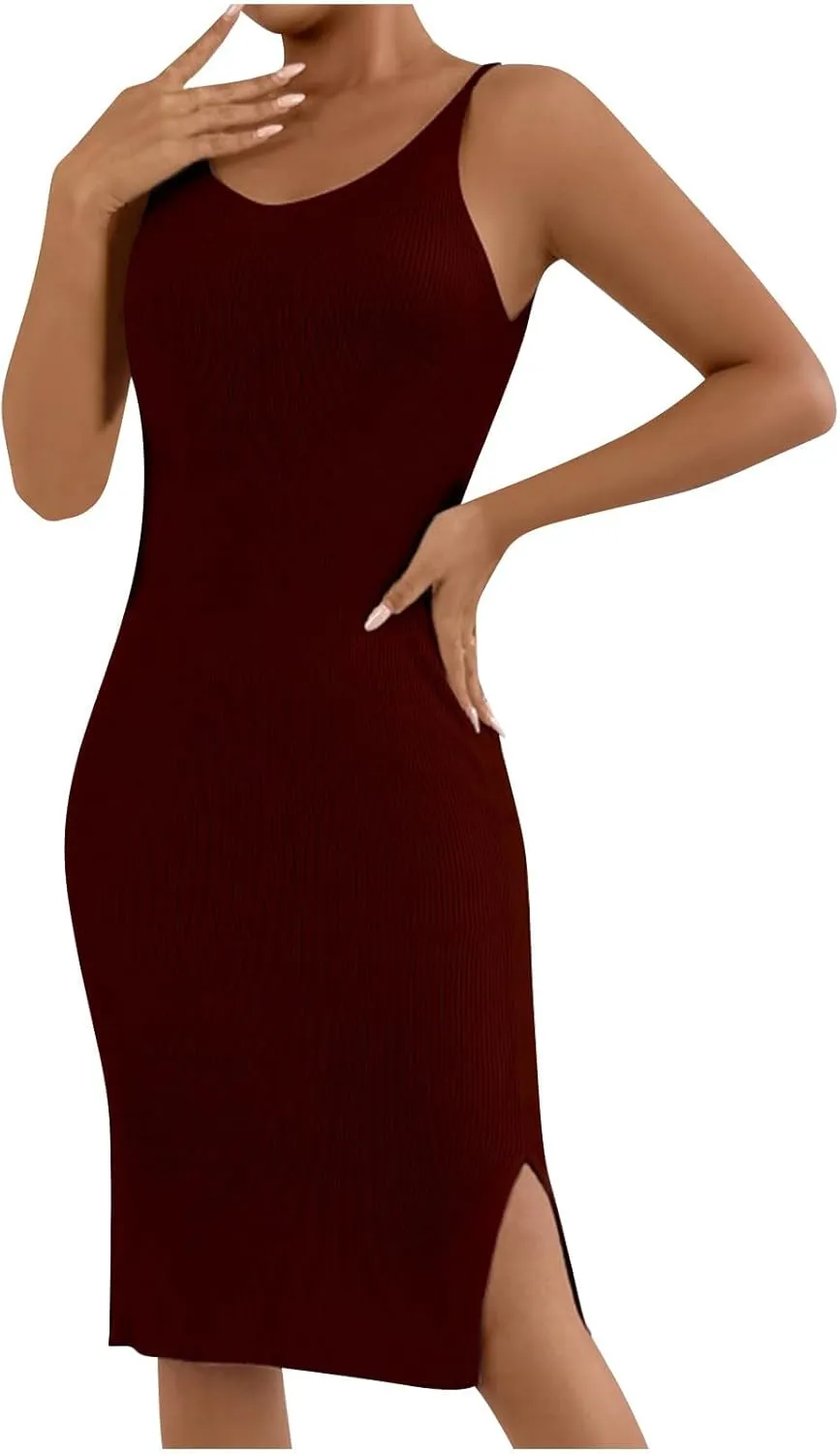 Women's Sleeveless Bodycon Dress Ribbed Knit Summer Midi Dress Casual Slim Fit Spaghetti Strap Dress