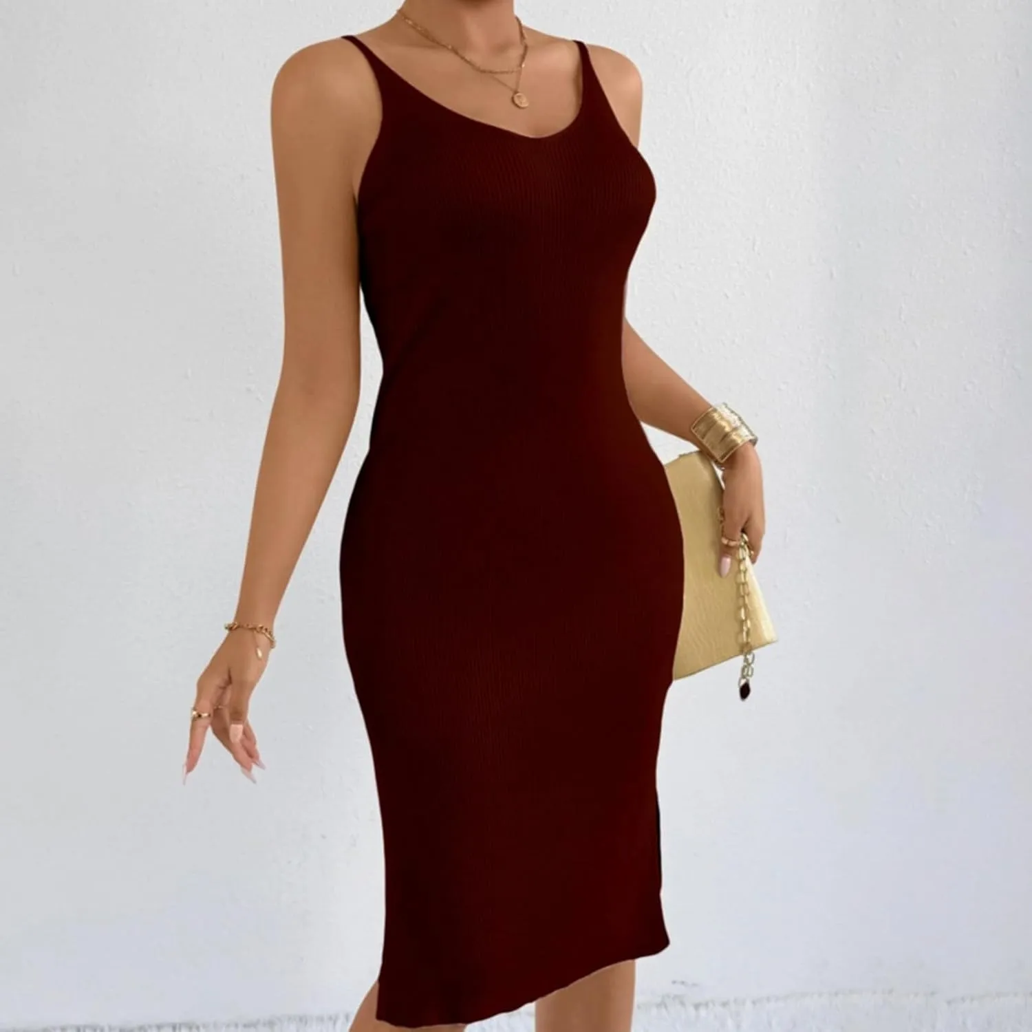Women's Sleeveless Bodycon Dress Ribbed Knit Summer Midi Dress Casual Slim Fit Spaghetti Strap Dress