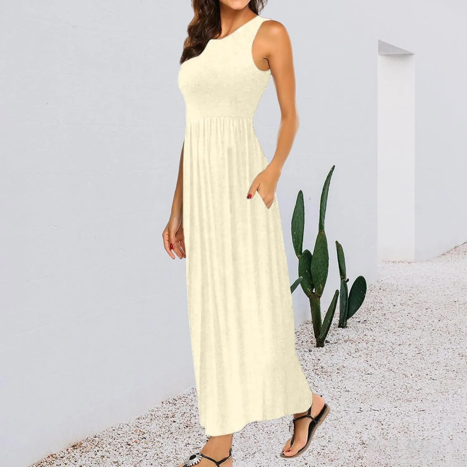 Women's Sleeveless Maxi Dress Patchwork Tank Top Flowy Dress Summer Pleated Long Sundress with Pockets