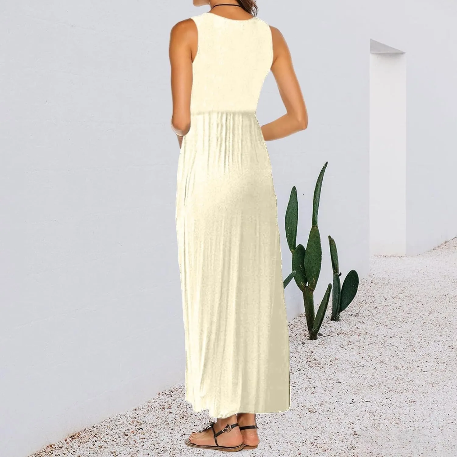 Women's Sleeveless Maxi Dress Patchwork Tank Top Flowy Dress Summer Pleated Long Sundress with Pockets